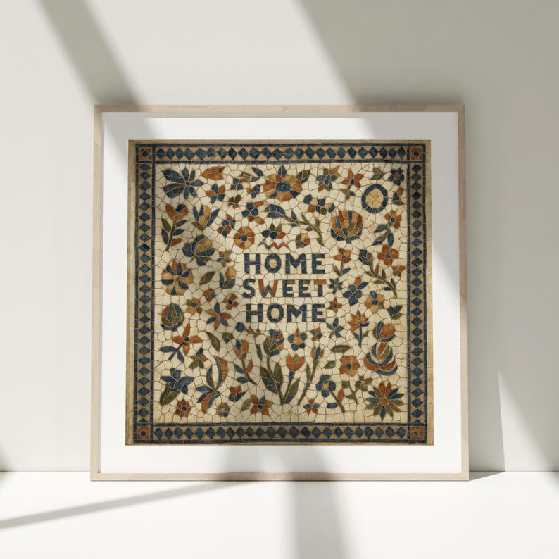 Affiche Mosaïque Doux Foyer – Décoration Murale Florale Style Carreau Vintage
