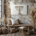 Toile Ménorah Minimaliste à Sept Branches | Décoration Murale Juive | Judaica Moderne