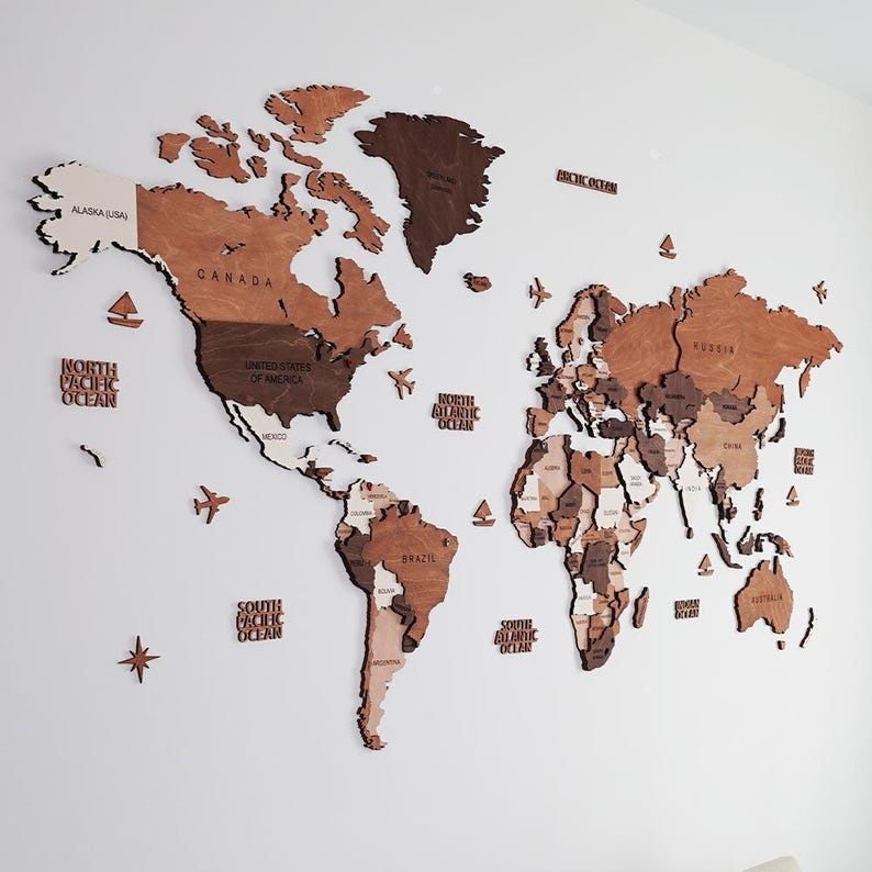 3D Wooden World Map Wall Art, Housewarming Gift, Anniversary Gift, Home Decor