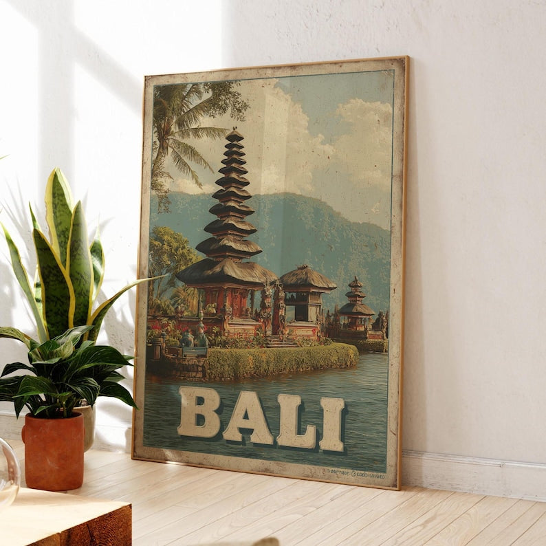 Affiche de voyage vintage Bali | Art mural rétro ville de Bali | Cadeau de voyage tropical Indonésie | Impression paysage pagode | Décoration d'intérieur île côtière