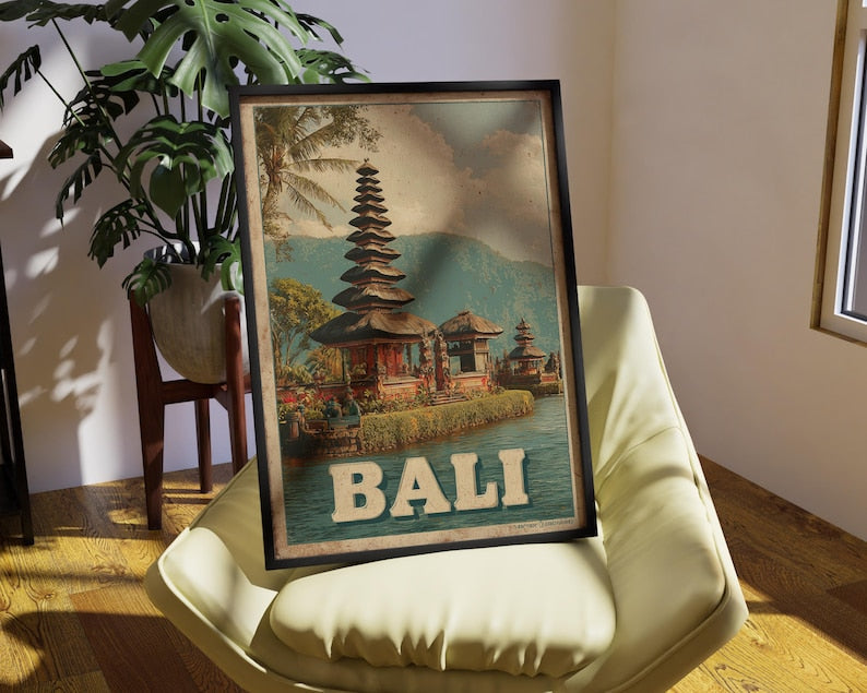 Affiche de voyage vintage Bali | Art mural rétro ville de Bali | Cadeau de voyage tropical Indonésie | Impression paysage pagode | Décoration d'intérieur île côtière