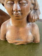 Set of 2 pair of teak wood busts, man and woman. Wood carving, Bali, Indonesia. Very detailed, in good condition. Circa 1960.