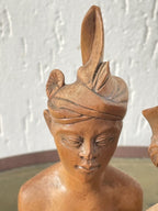 Set of 2 pair of teak wood busts, man and woman. Wood carving, Bali, Indonesia. Very detailed, in good condition. Circa 1960.