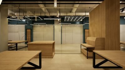 Furniture showroom interior with wooden furniture